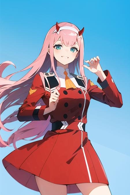 00204-3691563207-zero two _(darling in the franxx_), darling in the franxx, 1girl, ascot, bangs, blue background, green eyes, hairband, horns, lo.png